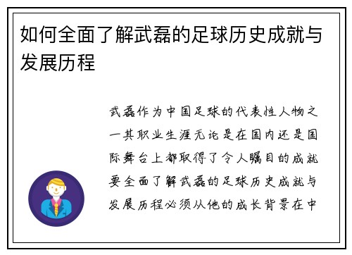 如何全面了解武磊的足球历史成就与发展历程